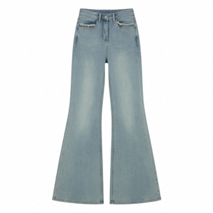 大码女装设计感高腰弹力牛仔裤女胖mm梨形报恩裤显瘦遮肉微喇裤子