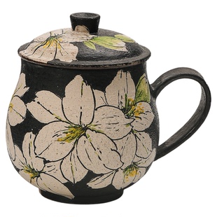 景德镇粗陶带盖马克杯日式手绘百合女士高颜质水杯家用早餐咖啡杯