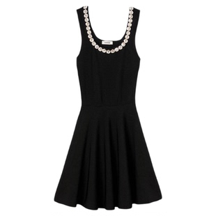 季末7折SANDRO2025秋冬新款女装黑色收腰仿钻点缀U领背心连衣裙