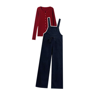 孕妇套装春秋2026新款复古蓝时尚洋气孕妈高级感牛仔背带裤两件套