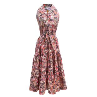 JUJU定制26夏新款度假风玫瑰花连衣裙复古大摆碎花无袖挂脖长裙女