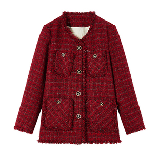 秋冬新款大码小香风外套女胖mm红色粗花呢高级感上衣200斤加厚