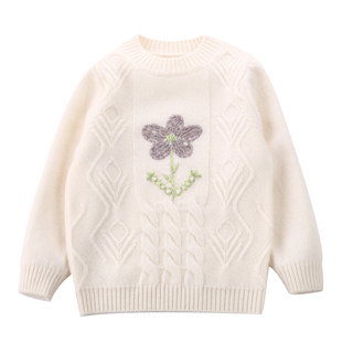 康赛妮羊绒100%纯山羊绒白色女童毛衣宝宝圆领洋气儿童羊绒衫秋冬