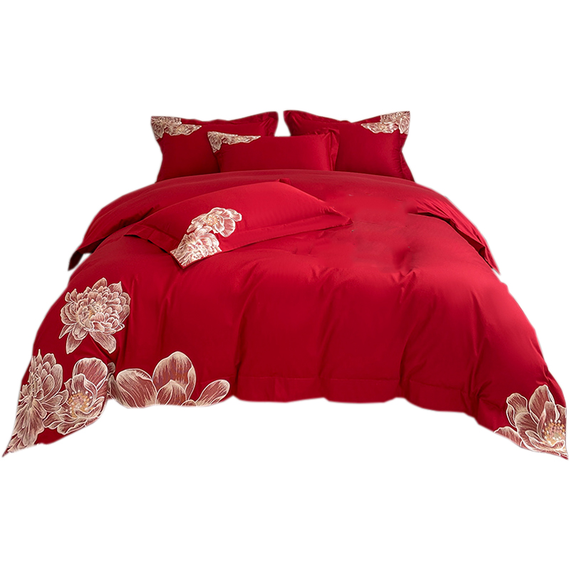 赫本风高支密长绒棉四件套婚庆高端全棉双人被套刺绣纯棉结婚床品