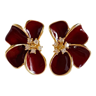 红色珐琅花朵耳钉女新款轻奢高级感纯银针耳环独特漂亮新年耳饰品