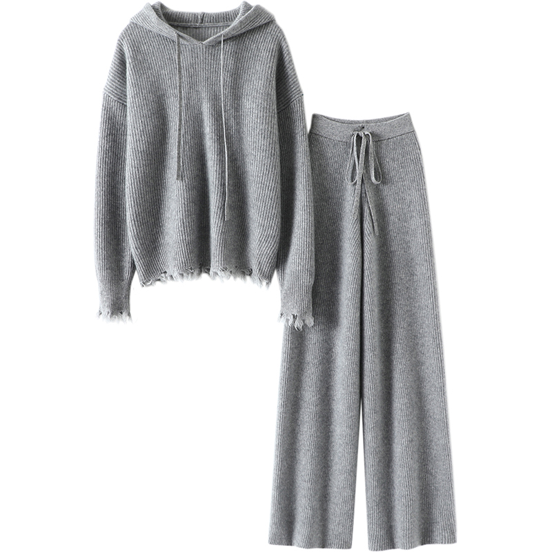 时装通鉴！重磅1000克！连帽羊绒衫女卫衣羊绒裤女外穿羊绒套装厚