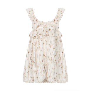 姜贞羽安悦溪同款ELLIGIOI烂漫小花无袖蛋糕花边连衣吊带裙25新款