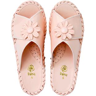Pansy盼喜日本春秋优雅居家用室内坡跟中跟花朵静音防滑拖鞋