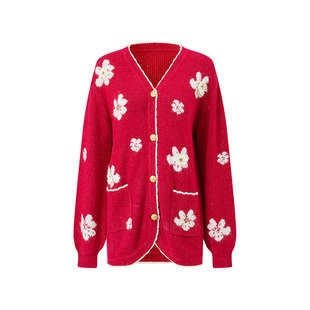 MAXRIENY波尔多红毛衣女慵懒感宽松针织开衫v领外套圣诞节庆穿搭