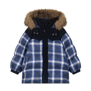 马拉丁儿童羽绒服25冬新款复古格纹厚暖连帽西部巴恩风羽绒服