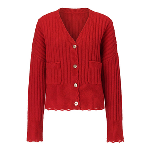 EVAOUXIU羊毛马海毛针织开衫2026年春季新商场同款氛围感红毛衣女