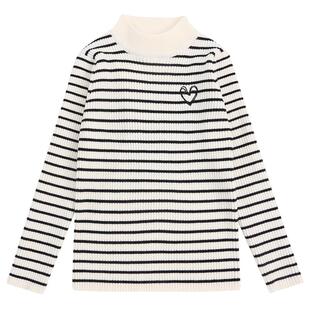 女童毛衣2026新款春季儿童打底衫早春半高领一体绒条纹内搭线衣秋