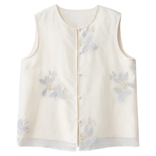 一丝牵 重工刺绣 真丝绡双层圆领国风马甲100%桑蚕丝欧根纱上衣春