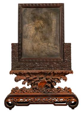 红木及黄杨木边座镶银插屏