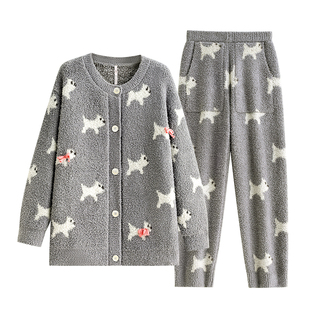 悦内半边绒睡衣女士秋冬季冬款珊瑚绒保暖加厚加绒家居服圆领开衫