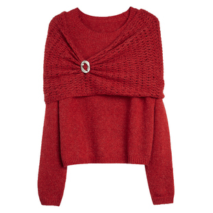 【自营】【织就心愿】ELLE绵羊毛新年披肩毛衣女2026春慵懒针织衫