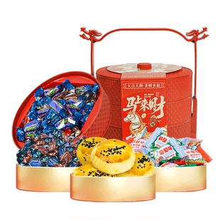 马上来财年货三层提篮礼盒装糖果蛋黄酥糕点零食大礼包新年伴手礼