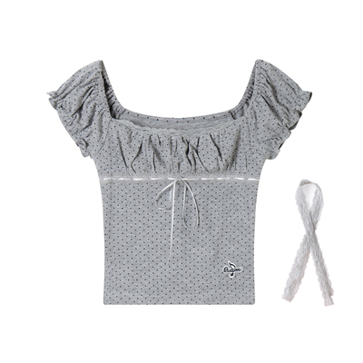 Double L2 古早感波点方领泡泡袖短袖T恤女夏压褶蕾丝边显瘦上衣