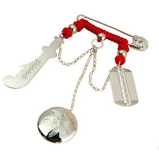 新生宝宝别针婴儿纯银关公刀梳子镜子孕妇马蛇龙胸针外出挂件狗牙