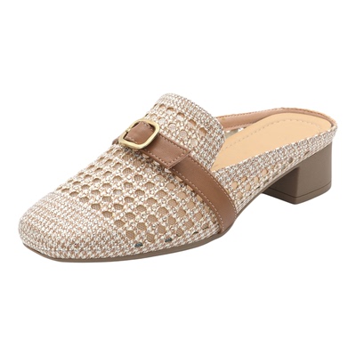 真皮包头半拖鞋百搭镂空粗跟凉拖