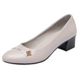 灰色单鞋真皮粗跟中年女士妈妈皮鞋软皮中跟一脚蹬不累脚女鞋软底