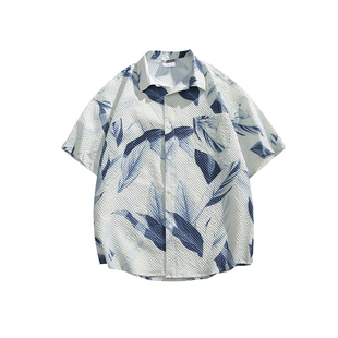 NASA STUSY美式复古2026新款夏装男款衬衣痞帅男士泡泡纱短袖衬衫