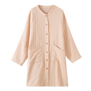 复古格子四层纯棉纱布睡裙女春秋冬季加厚宽松睡袍圆领家居服睡衣
