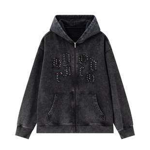 HOODRICH水洗做旧字母钉珠贴布工艺连帽卫衣潮流秋季百搭开衫外套