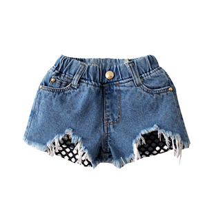 中小童装短裤夏装新款女童百搭休闲网格破洞毛边多色牛仔热裤潮童