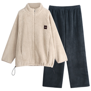 冬天睡衣男加绒加厚保暖珊瑚绒可外穿时尚青年男士宽松家居服套装