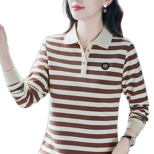 条纹长袖t恤女秋冬大码女装气质翻领时尚百搭POLO领内搭打底衫春