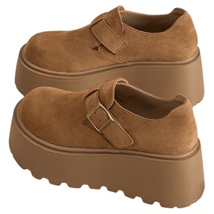 拉夏贝尔厚底勃肯鞋女2026冬季新款增高全包加绒单鞋时尚乐福鞋女