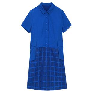 邑品蓝色短袖连衣裙2023夏装新款休闲直筒网纱拼接衬衫式中长长裙