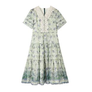 CHESONSE【青雾碎花】维格家 优雅V领印花裙高腰刺绣连衣裙女5046