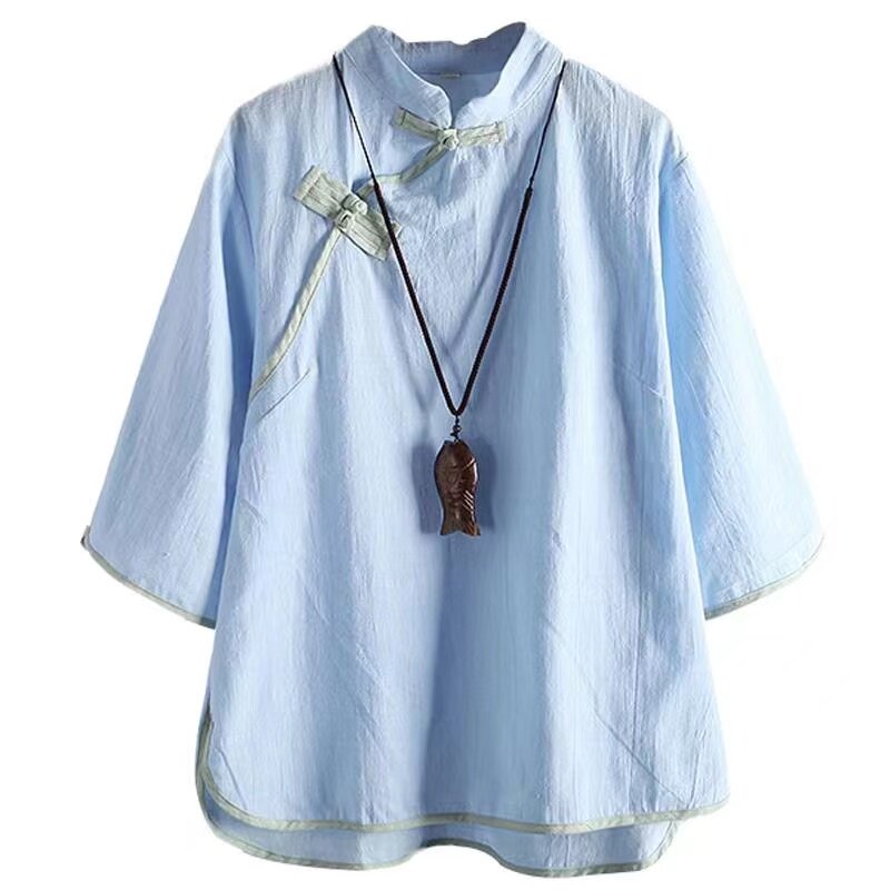 禅意茶服女春夏款新中式立领盘扣宽松棉麻衬衫复古国风七分袖上衣