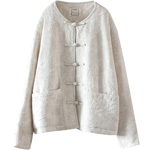 清仓特价 bu退换 复古盘扣冬棉麻外套茶服宽松暗纹提花棉衣棉服女