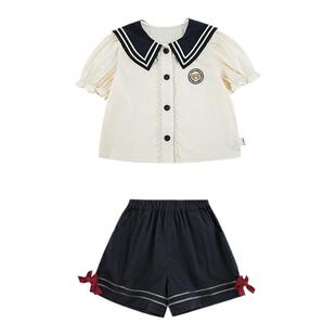 幼悠女童JK甜心少女春夏季学院风撞色海军翻领花边袖水手服套装潮