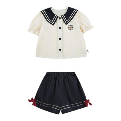 幼悠女童JK甜心少女春夏季学院风撞色海军翻领花边袖水手服套装潮