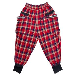 美式红色格子中裤夏季薄款嘻哈街舞裤子女宽松爵士跳舞运动工装裤