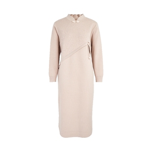 马天奴女装秋冬驼色提花针织连衣裙新中式旗袍长裙典雅礼裙子时尚