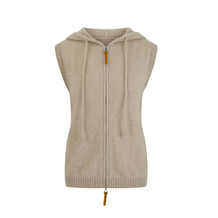 秋冬款100%纯羊毛针织厚马甲女连帽拉链无袖毛衣背心坎肩开衫外套