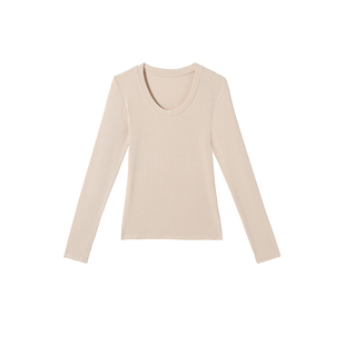 2025纯色螺纹U领露锁骨长袖秋冬打底衫高级感百搭磨毛休闲上衣T恤