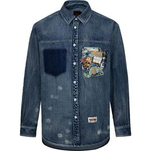 EVISU 福神男士达摩印花宽松水洗牛仔长袖衬衫外套