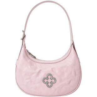 CASSILE卡思乐褶皱新月包女2026新款真牛皮粉色单肩腋下月牙包包