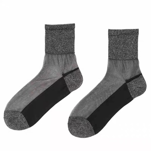 丝袜女春秋薄款透明中筒纯棉底水晶蕾丝耐磨冰丝防勾丝玻璃短袜子