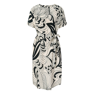 BCBG春夏气质时髦精致范法式知性花卉圆领系带短袖连衣裙女