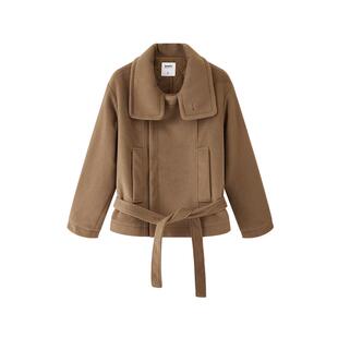 三福加厚外套女2025新款冬季腰带收腰夹棉短款翻领咖色呢大衣女装