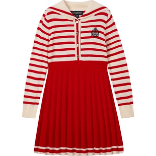 eland kids衣恋童装女童连衣裙春秋休闲海军领撞色条纹百褶裙子