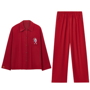 红豆情侣红色睡衣纯棉男女士结婚春秋款新年本命年礼物家居服套装