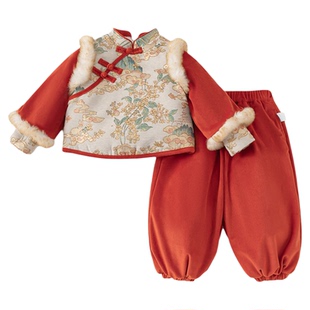 女童年服儿童衣服汉服套装女宝周岁礼服中式唐装红色冬装加厚童装